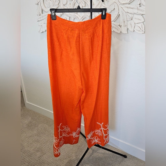 NWT Alex Marie Orange Comfy Wide Leg Linen Pants W/Embroidery Women Sz 14 - Picture 4 of 7